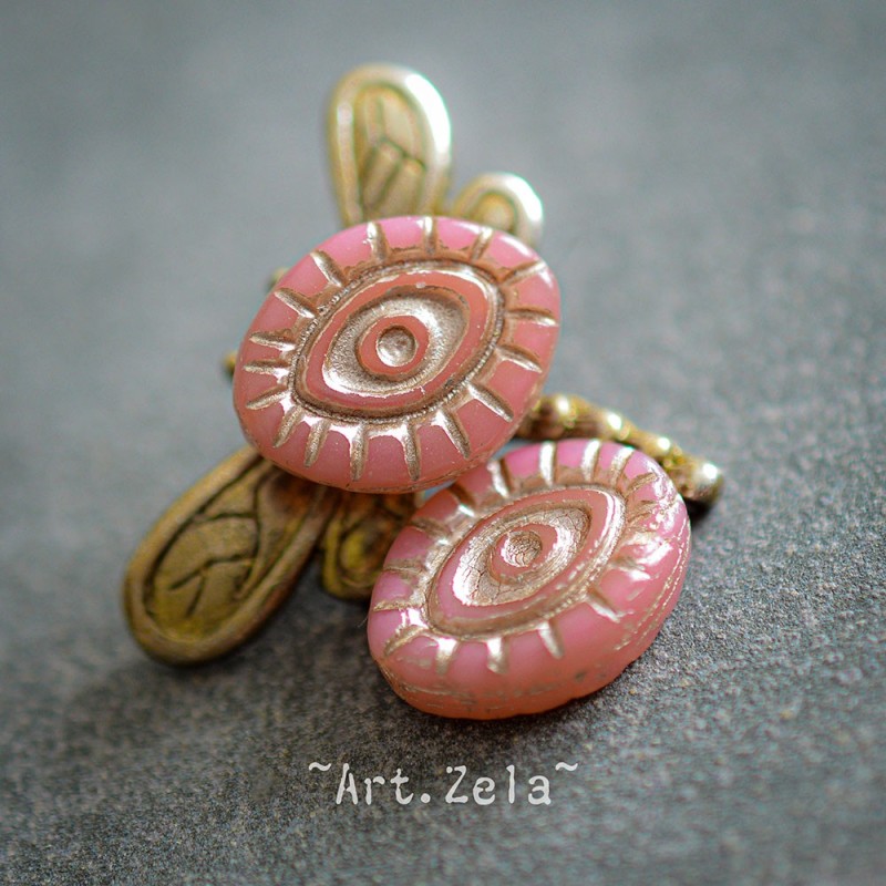 Oeil mystique bois de rose beige 14mm X2 Perles verre tchèque