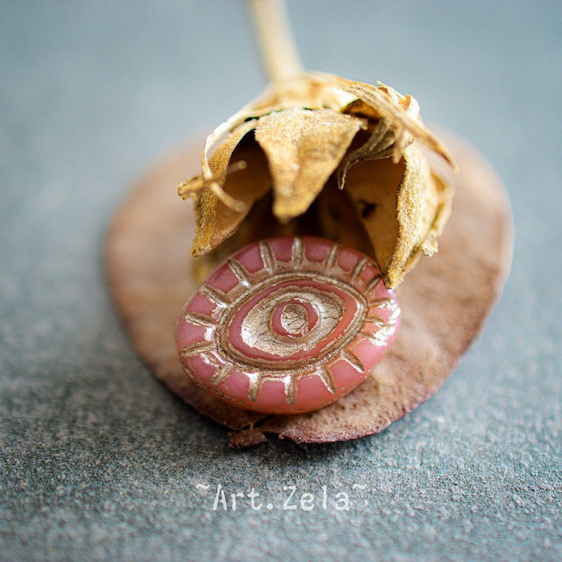 Oeil mystique bois de rose beige 14mm X2 Perles verre tchèque