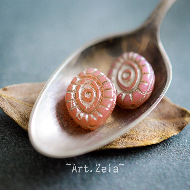 Oeil mystique bois de rose beige 14mm X2 Perles verre tchèque