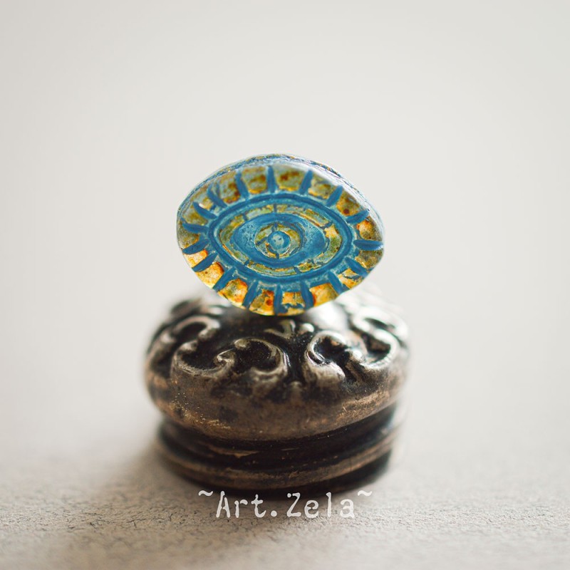 Oeil mystique Picasso ambre turquoise 14mm X2 Perles verre tchèque