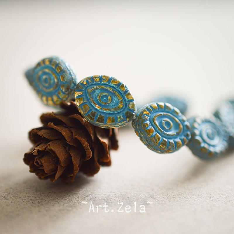 Oeil mystique Picasso ambre turquoise 14mm X2 Perles verre tchèque