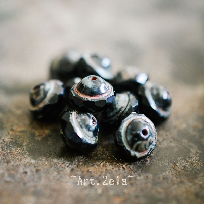 Saturne Picasso noir10x8mm X12 Perles verre tchèque opaque