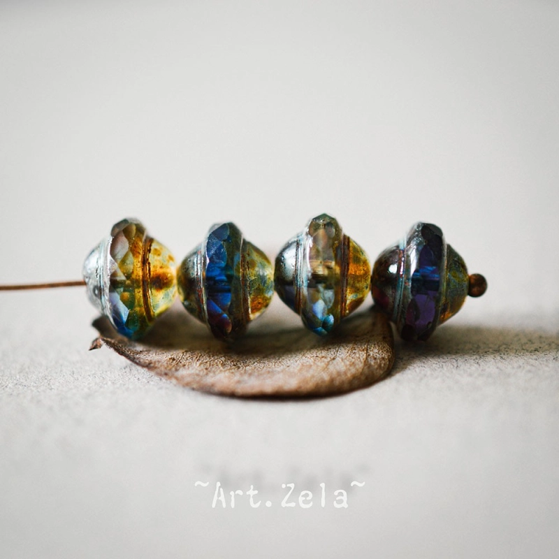 Saturne Picasso ambre bleu 10x8mm X10 Perles verre tchèque