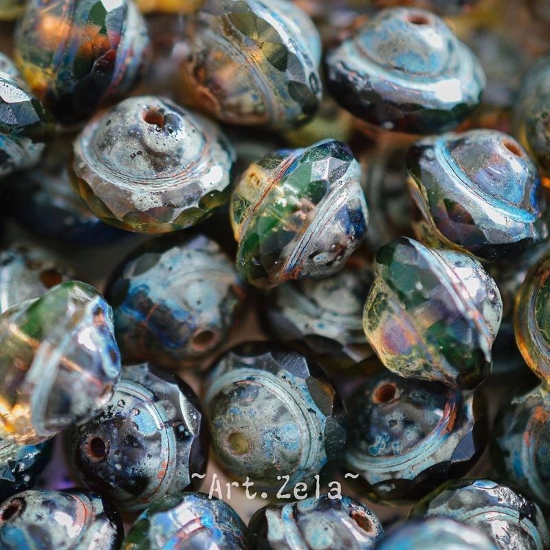 Saturne Picasso ambre bleu 10x8mm X10 Perles verre tchèque