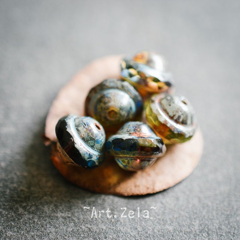 Saturne Picasso ambre bleu 10x8mm X10 Perles verre tchèque