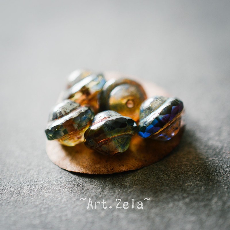 Saturne Picasso ambre bleu 10x8mm X10 Perles verre tchèque