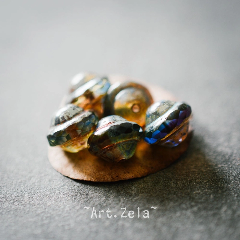 Saturne Picasso ambre bleu 10x8mm X10 Perles verre tchèque