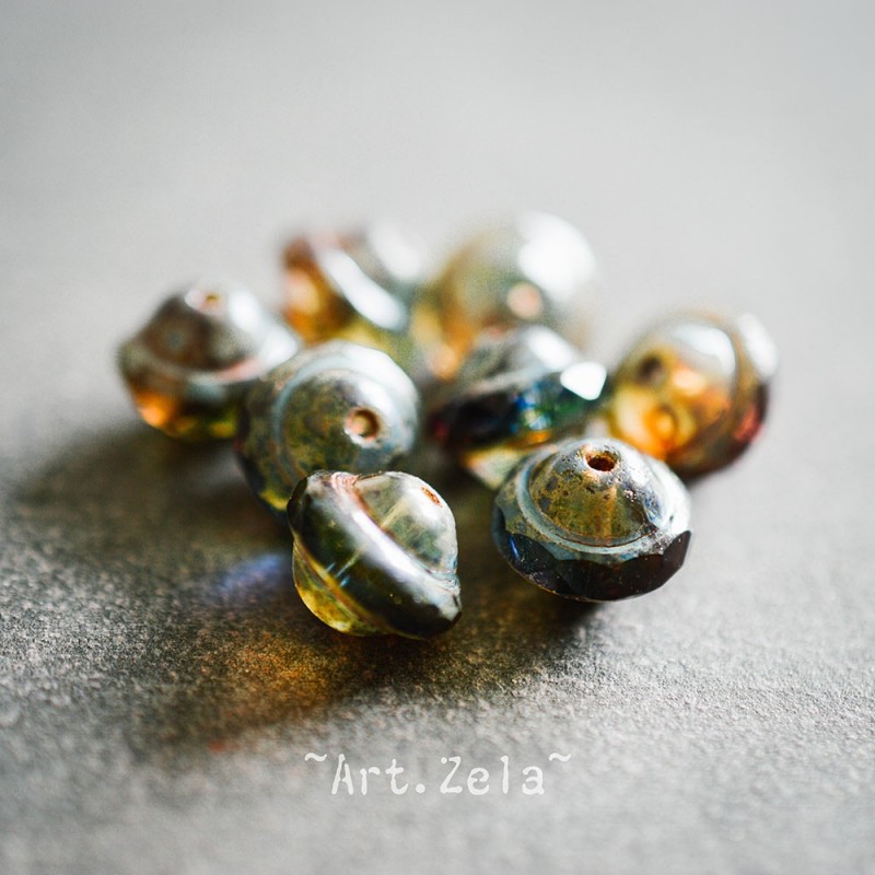 Saturne Picasso ambre bleu 10x8mm X10 Perles verre tchèque