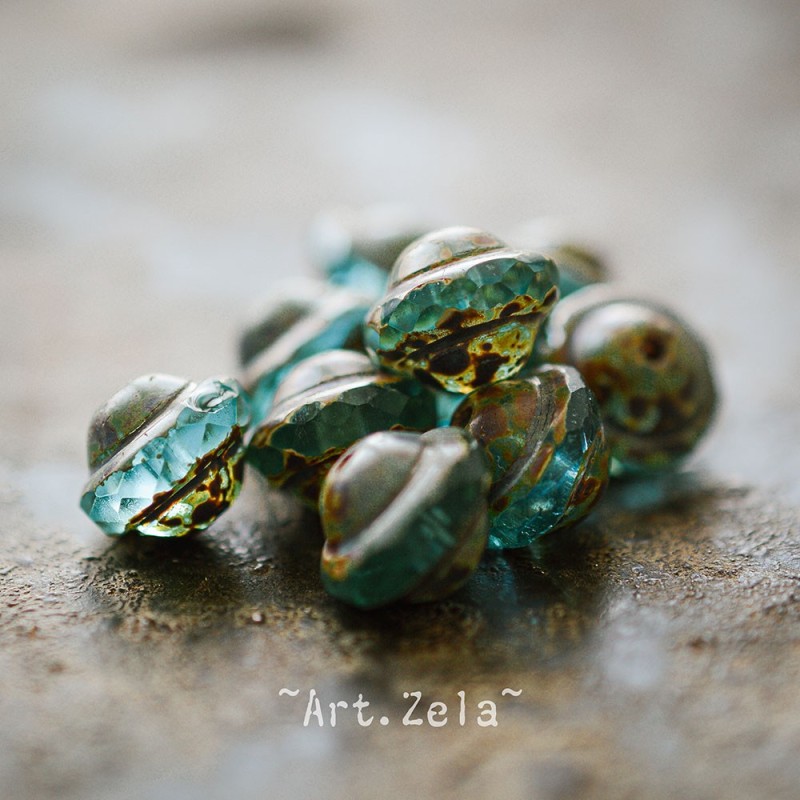 Saturne Picasso turquoise X10 Perles verre tchèque transparent