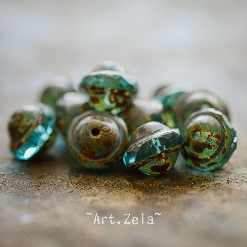 Saturne Picasso turquoise X10 Perles verre tchèque transparent