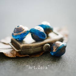 Saturne Picasso bleu paon X8 Perles verre tchèque opalescent