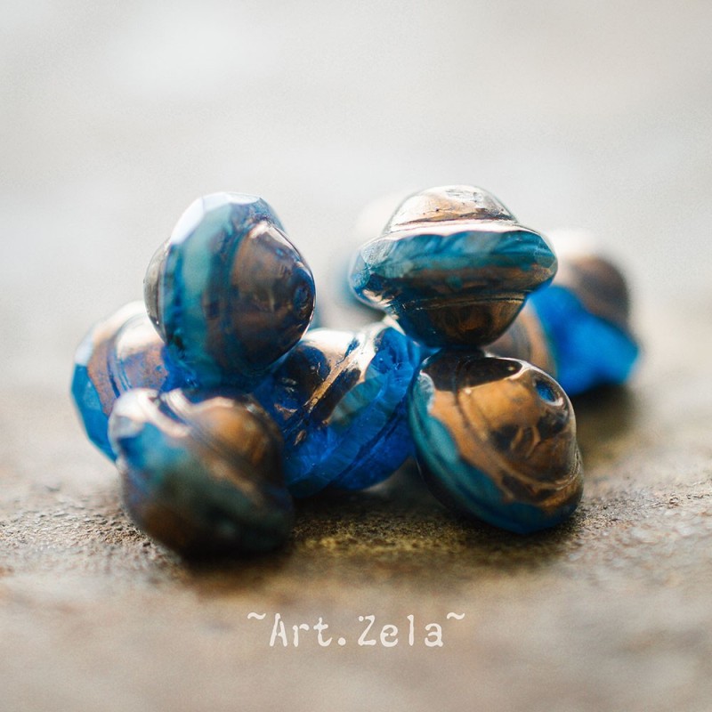 Saturne Picasso bleu paon X8 Perles verre tchèque opalescent