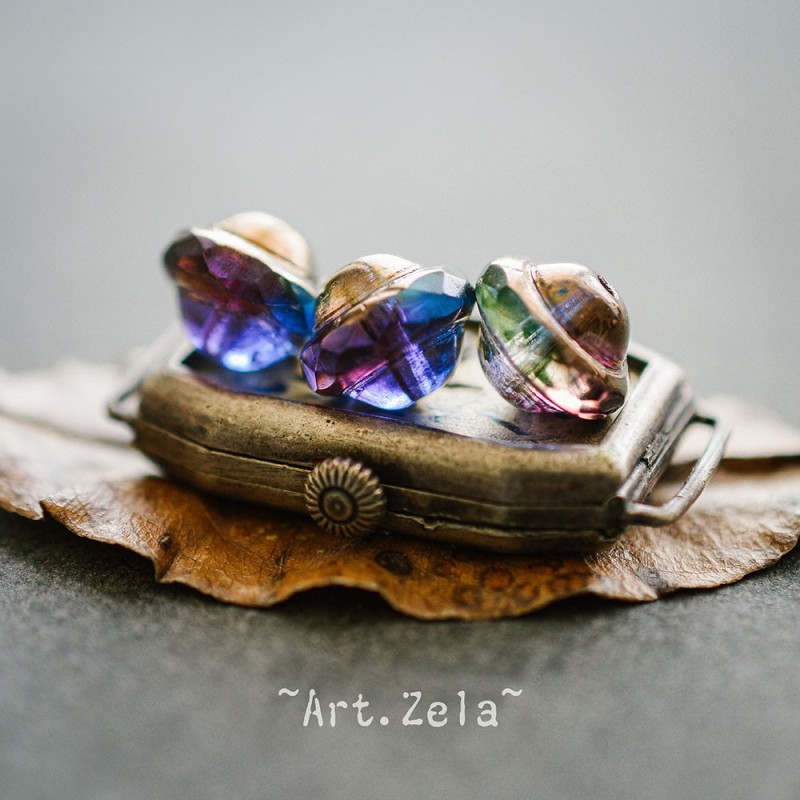 Saturne bleu violet 10x8mm X6 Perles verre tchèque transparent