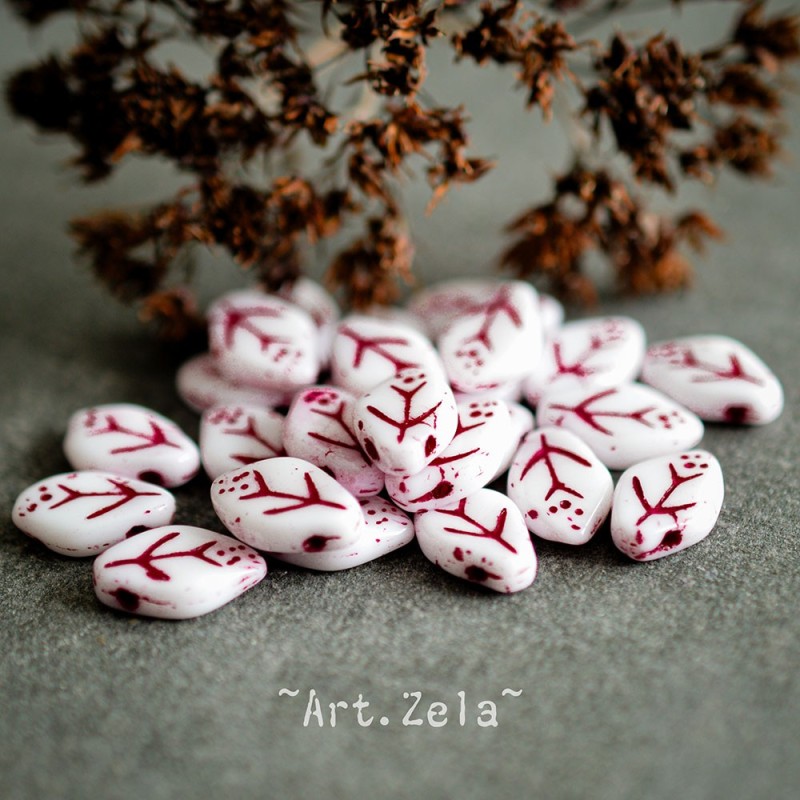 Feuilles blanc rouge turc 12x7mm X25 Perles verre tchèque