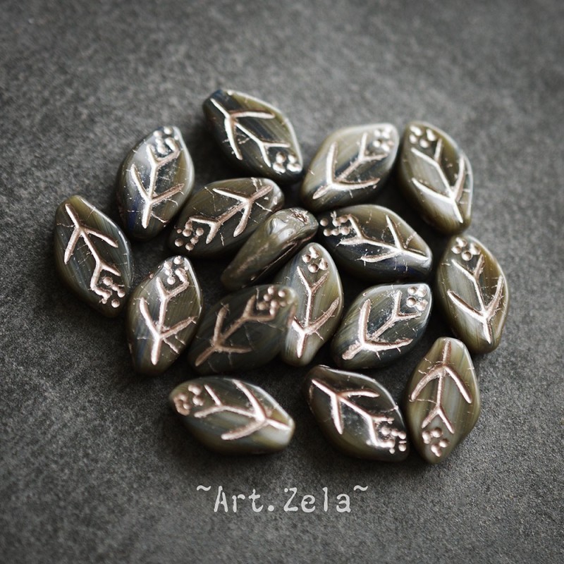 Feuilles tons gris bleu vert 12x7mm X25 Perles verre tchèque
