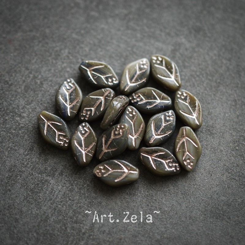 Feuilles tons gris bleu vert 12x7mm X25 Perles verre tchèque
