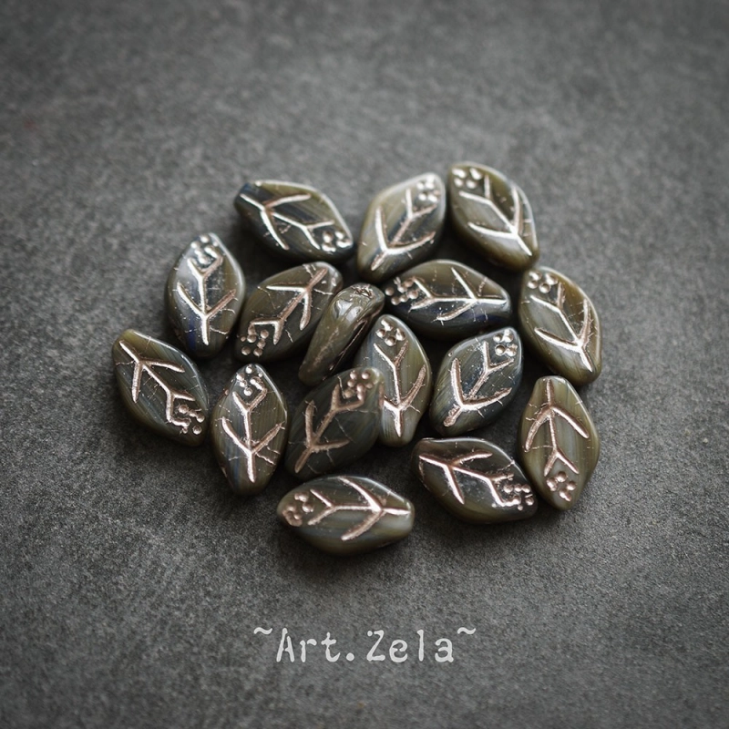 Feuilles tons gris bleu vert 12x7mm X25 Perles verre tchèque