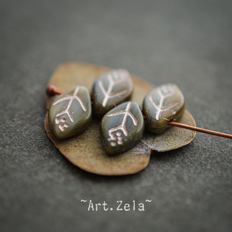 Feuilles tons gris bleu vert 12x7mm X25 Perles verre tchèque
