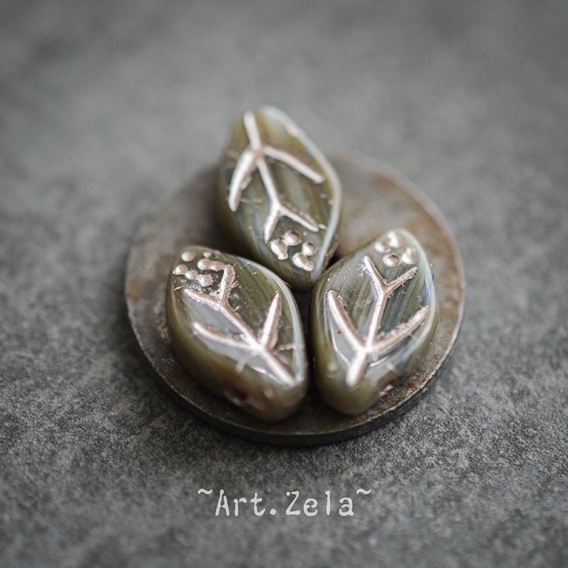 Feuilles tons gris bleu vert 12x7mm X25 Perles verre tchèque