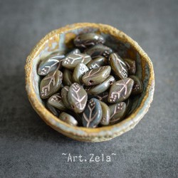 Feuilles tons gris bleu vert 12x7mm X25 Perles verre tchèque