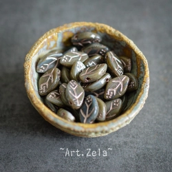 Feuilles tons gris bleu vert 12x7mm X25 Perles verre tchèque