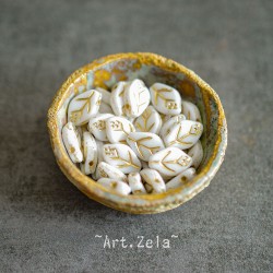 Feuilles blanc doré 12x7mm X25 Perles verre tchèque opaque