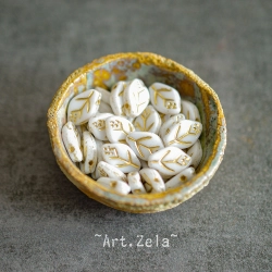 Feuilles blanc doré 12x7mm X25 Perles verre tchèque opaque