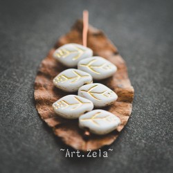 Feuilles blanc doré 12x7mm X25 Perles verre tchèque opaque