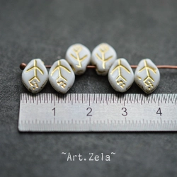 Feuilles blanc doré 12x7mm X25 Perles verre tchèque opaque