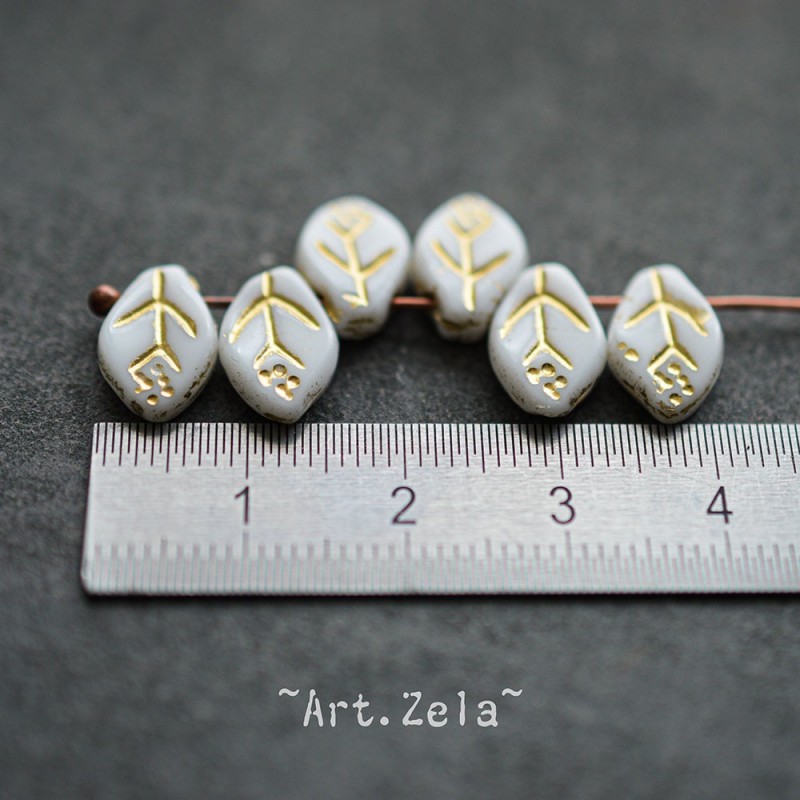 Feuilles blanc doré 12x7mm X25 Perles verre tchèque opaque