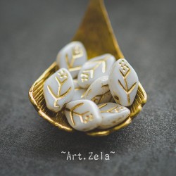 Feuilles blanc doré 12x7mm X25 Perles verre tchèque opaque