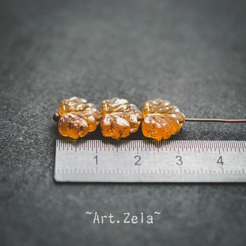 Feuilles orange doré 13x11mm X10 Perles verre tchèque dépoli