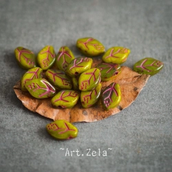 Feuilles vert chartreuse bordeaux 12x7mm X25 Perles verre tchèque