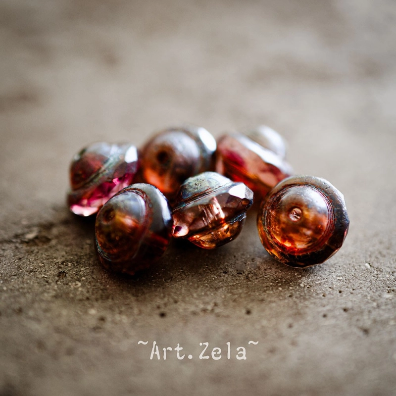 Saturne ambre fuchsia 10x8mm X6 Perles verre tchèque Picasso