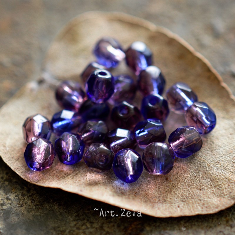 Facettes bleu et violet 4mm X50 Perles verre tchèque poli au feu