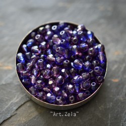 Facettes bleu et violet 4mm X50 Perles verre tchèque poli au feu