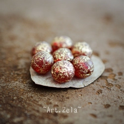 Perles rondes rouge doré 8mm X15 Perles verre tchèque texturé