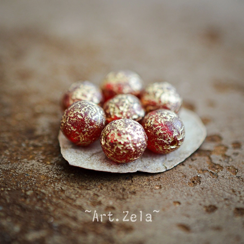 Perles rondes rouge doré 8mm X15 Perles verre tchèque texturé