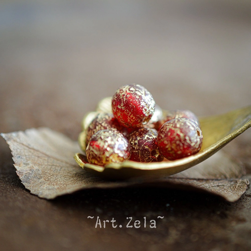 Perles rondes rouge doré 8mm X15 Perles verre tchèque texturé