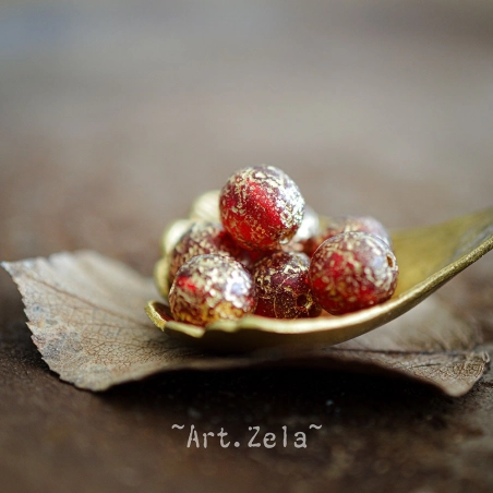 Perles rondes rouge doré 8mm X15 Perles verre tchèque texturé
