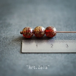 Perles rondes rouge doré 8mm X15 Perles verre tchèque texturé