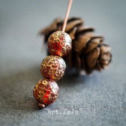 Perles rondes rouge doré 8mm X15 Perles verre tchèque texturé