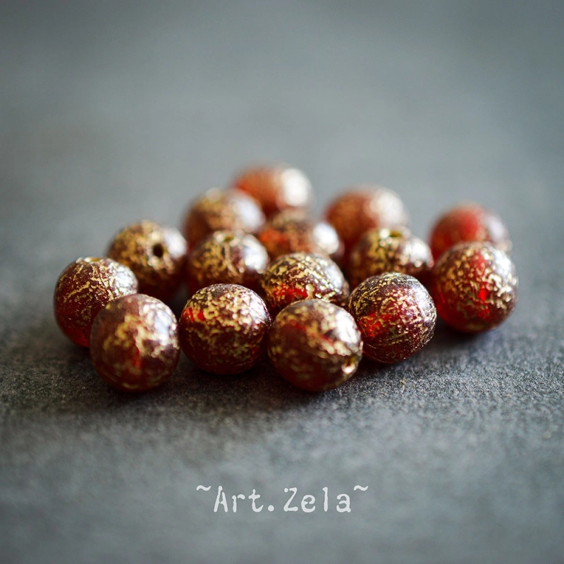 Perles rondes rouge doré 8mm X15 Perles verre tchèque texturé