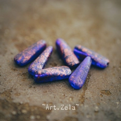 Gouttes rectangles bleu indigo cuivre 17x6mm X8 Perles verre tchèque