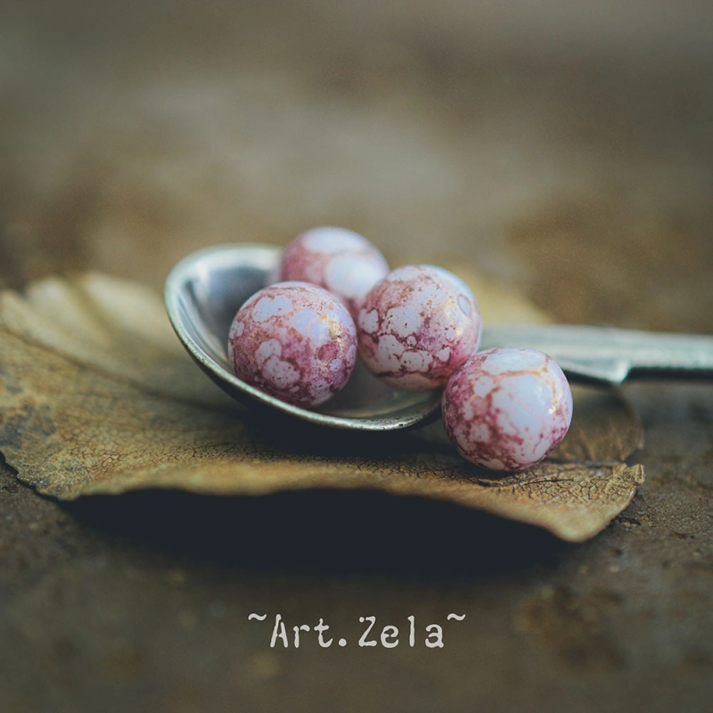 Perles rondes blanc albâtre vieux rose  8mm X15 Perles verre tchèque
