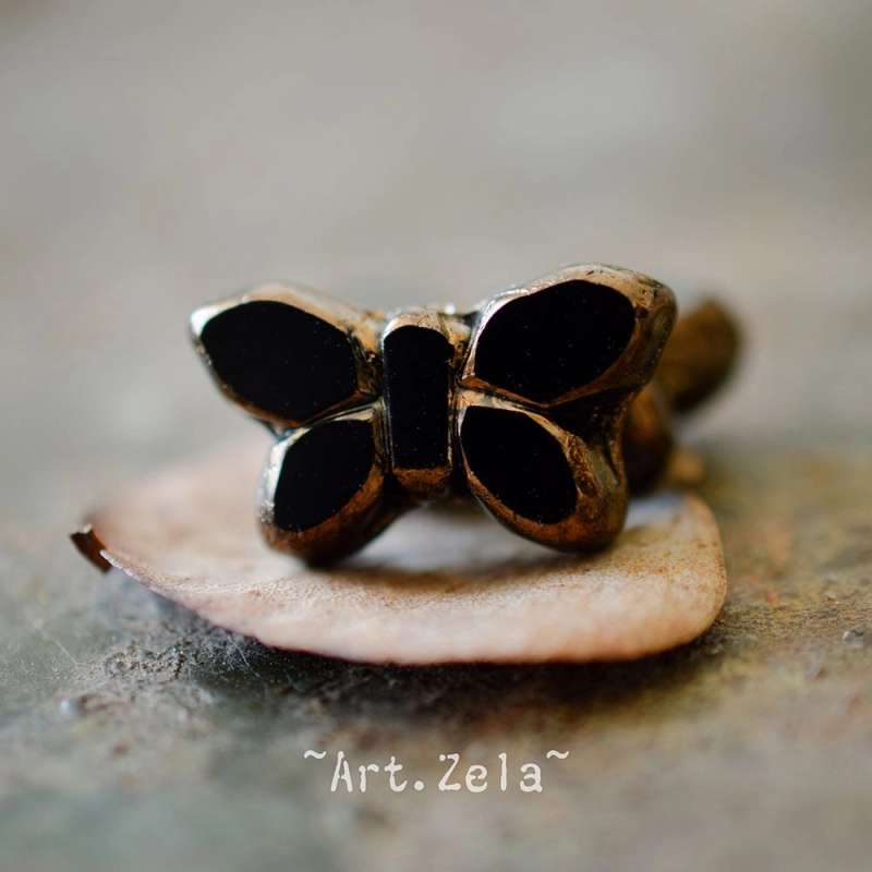 Papillon noir bronze 20mm X2 Perles verre tchèque opaque