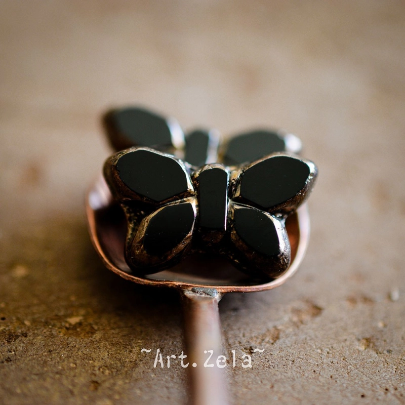 Papillon noir bronze 20mm X2 Perles verre tchèque opaque