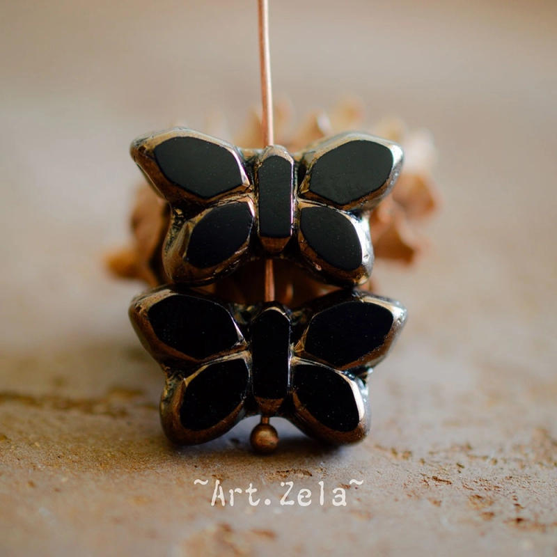Papillon noir bronze 20mm X2 Perles verre tchèque opaque