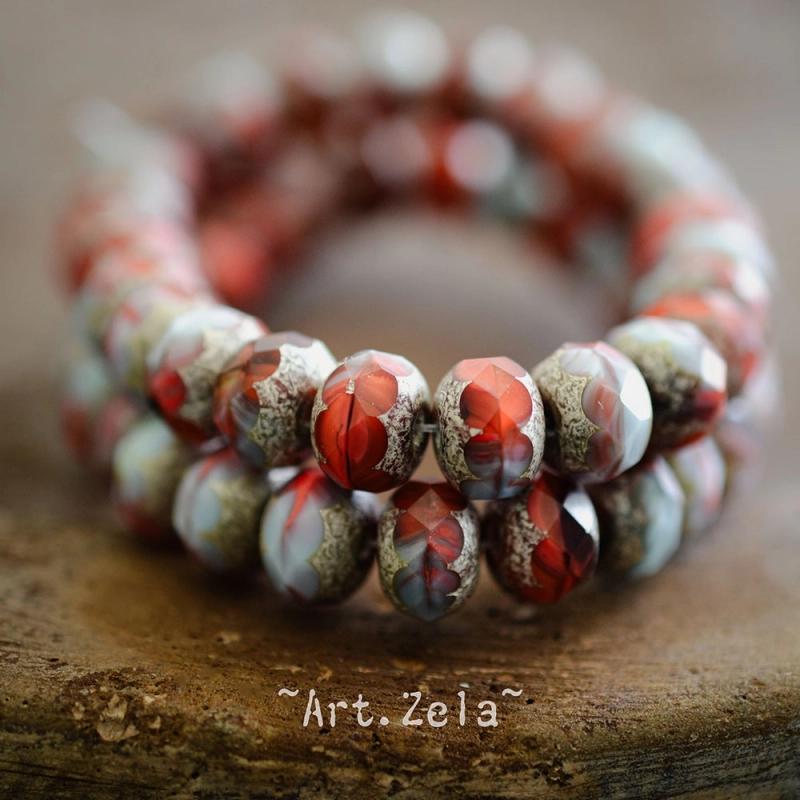 Rondelles rouge bleu argenté 8x6mm X8 Perles verre tchèque