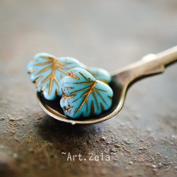 Feuilles érable bleu ciel bronze 13mm X4 Perles verre tchèque opaque